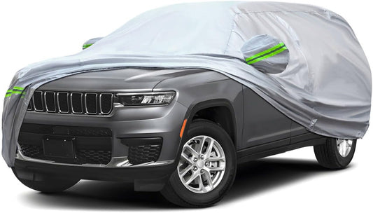 KEYOOG 6-Layer Full Car Cover is All-Weather Waterproof, Universal in All Seasons, Snow Prevention, Rainproof, Acid Rainproof, Sunscreen, Ultraviolet-Proof, Fit SUV 214"-236" Green Reflective Strip