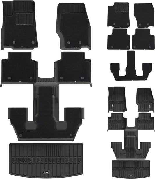 3W Floor Mats & Cargo Liner – Full Set (1st, 2nd & 3rd Row with Carpet) for Jeep Grand Cherokee L 2021-2025(Only for 6 Seat), Custom Fit TPE, All-Weather Waterproof,Black