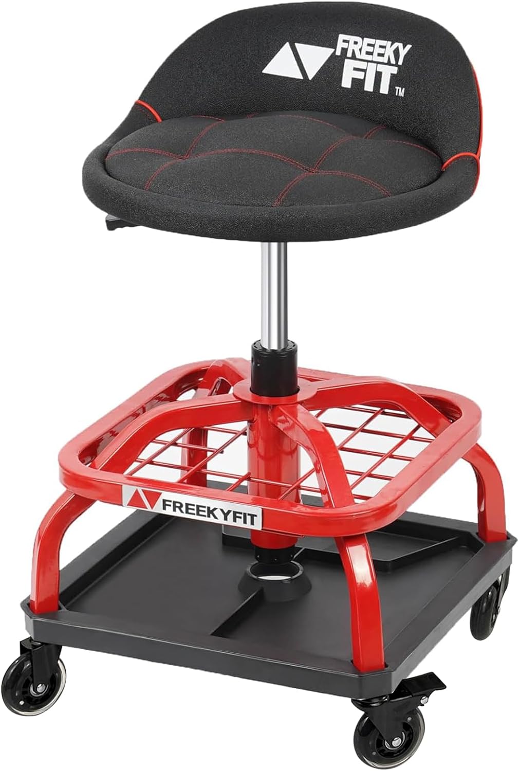 Rolling Shop Stool with Wheels, Garage Work Mechanic Stool with Backrest, Roller Mechanic Chair, Adjustable Height, 360° Swivel, Tool Tray Storage, 330 LBS Capacity, Heavy Duty, Red