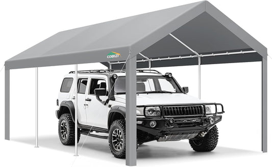 COBIZI Carports 10x20 Heavy Duty Car Tent Garage, Galvanized Frame Car Canopy Outdoor Shelter Waterproof & UV Protected with Windproof Ropes & Built-in Sandbags for Car Truck Boat, Gray