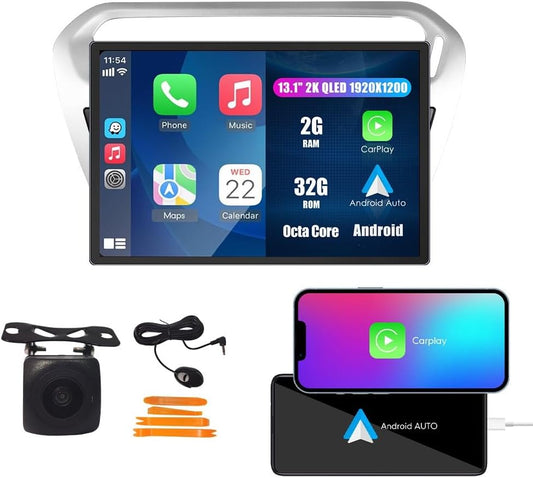 Kunfine Car CarPlay Android Auto Navigation Stereo GPS Radio Reverse Camera Display 13.1" QLED Touchscreen Headunit Tablet Pad Media Player For Peugeot 301 13-22, if Applicable Octa Core 2G+32G Silver