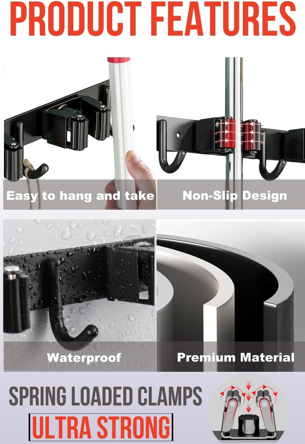 2 Pack Mop and Broom Holder Wall Mount, Upgraded Broom Hanger Wall Mount, Stainless Steel Broom Organizer for Closet Garage Laundry Room Kitchen Wall Decor Black 4R5H