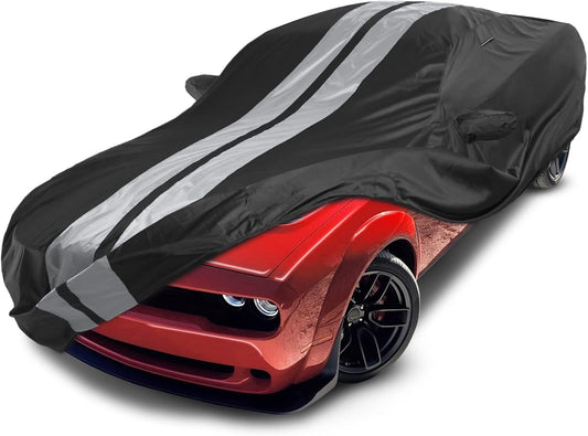 iCarCover Custom Car Cover Compatible with Challenger 2008-2024, Waterproof All-Weather Rain Snow UV Sun Protector Full Exterior Indoor Outdoor Car Covers, Stripe (Black/Gray)