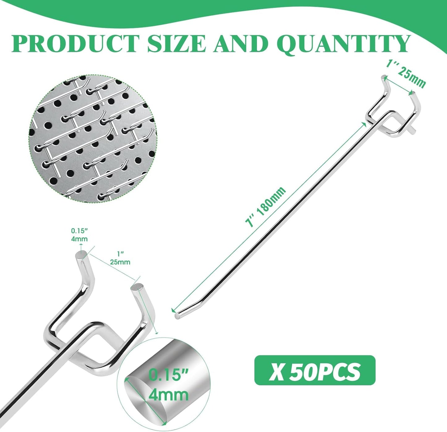 50Pcs 8"/20CM Pegboard Hooks Assortment Set, Metal Peg Board Hooks with 2.5mm Hole Pitch 4mm Wire Diameter Slatwall Hanging Hook for Garage Organization Wall Hanging (Silver)