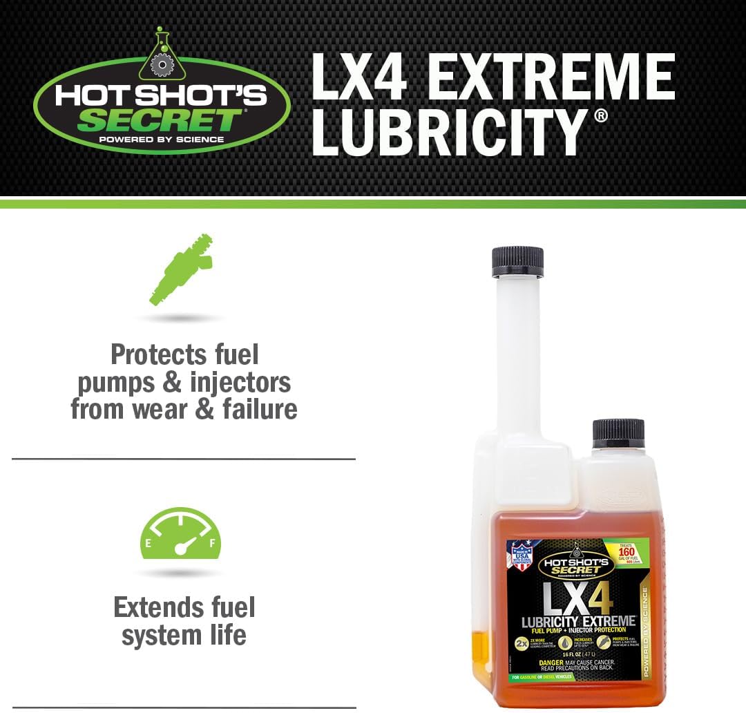 Hot Shot's Secret LX4 Lubricity Extreme– 16oz - Fuel System Protection– Lubricates and Protects Fuel Pump and Injectors– Prevents Wear and Damage – For Gasoline or Diesel Engines, Packaging May Vary