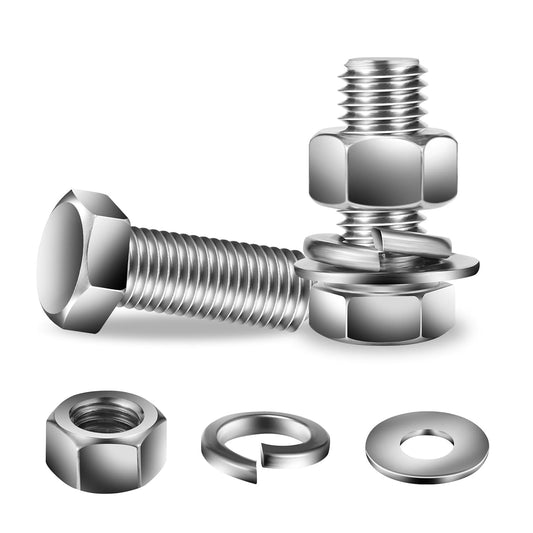 1/2-13 x 1-1/4" Hex Head Screw Bolt, Nuts, Flat & Lock Washers, 20Pcs 18-8 (304) Stainless Steel, Fully Threaded, by SG TZH