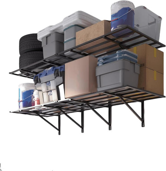 Garage Storage Shelving Wall Mounted, 2 Pack 2x6Ft, Loads 1600 Lbs Heavy Duty Sturdy Shelves, Folding Strong Garage Organiser, Storage Racks Units, Black Metal Floating Adjustable Wall System Shelf