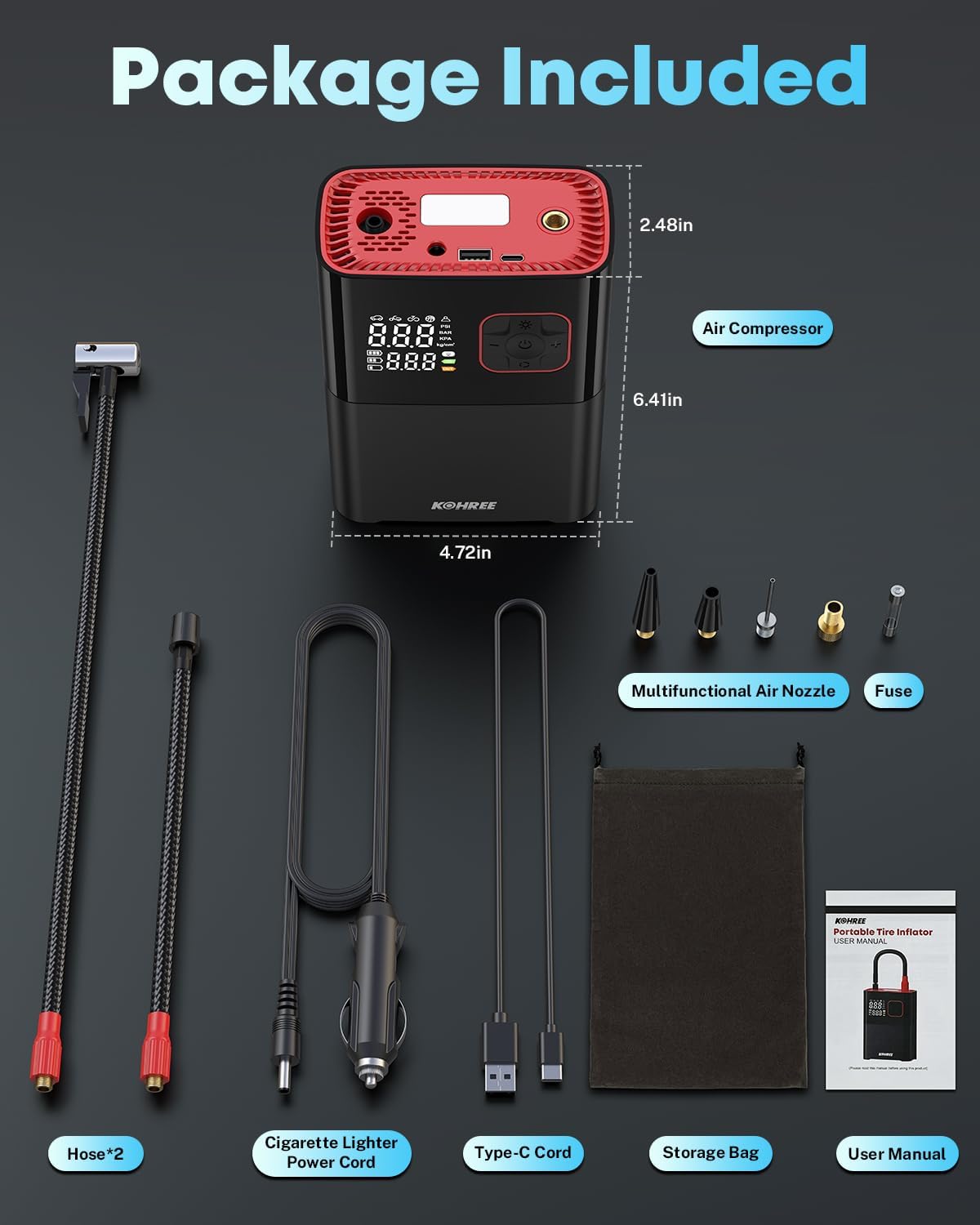 Kohree Tire Inflator Portable Air Compressor, 58LPM Faster Dual Cylinder Air Pump for Car Tires, Pickup Trucks & Large Tires, 150 PSI & 20000mAh Cordless Electric Air Pump with Pressure Detection