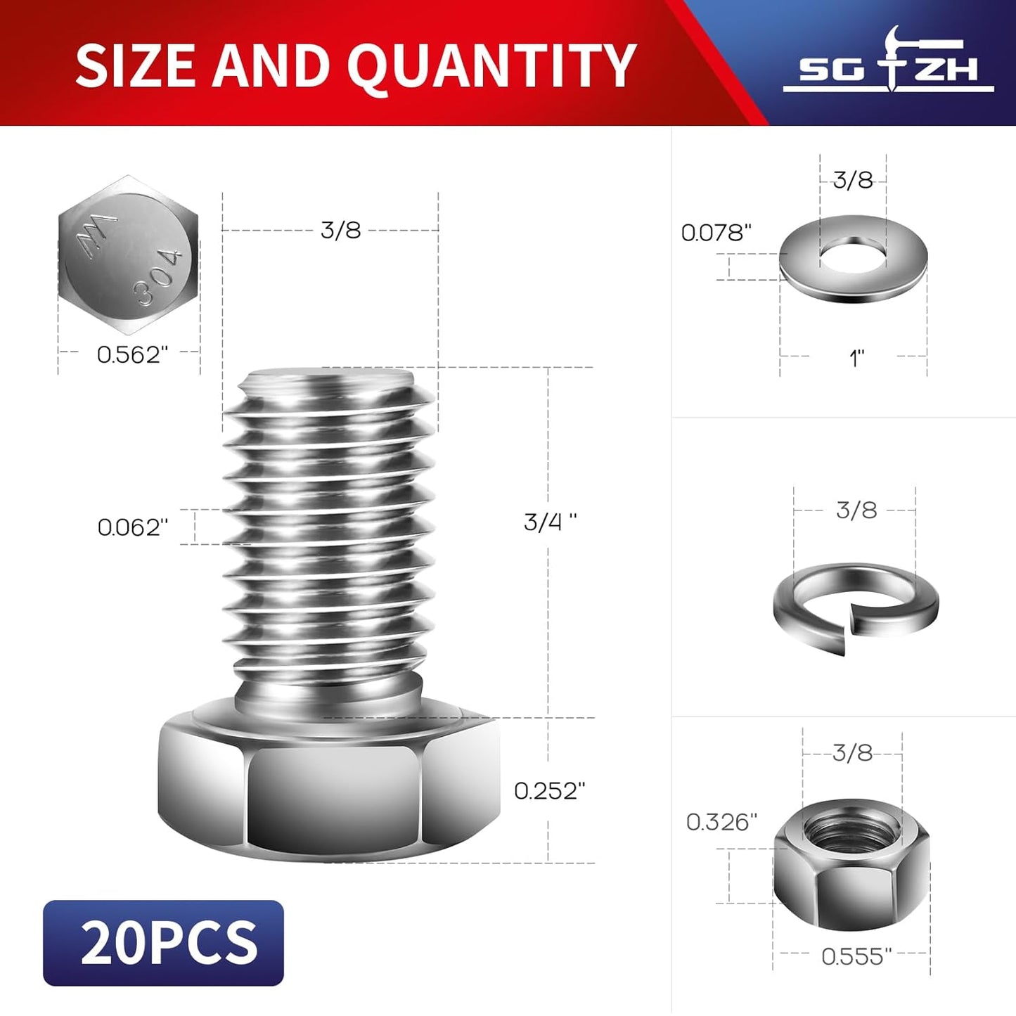 3/8-16 x 3/4" Hex Head Screw Bolt, Nuts, Flat & Lock Washers, 20Pcs 18-8 (304) Stainless Steel, Fully Threaded, by SG TZH