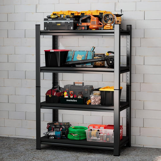Metal Storage Rack Tier Height Free Adjustable Garage Tool Rack Load Capacity 3000lbs Industrial Storage Rack,Black,Garage,Kitchen,Bedroom,Garden (4-Tier59.1"H*31.5"W*11.8"D)