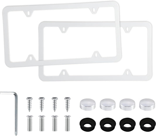 LivTee 4 Holes Stainless Steel License Plate Frames, 2 PCS Car Licence Plate Covers, Automotive Exterior Accessories Slim Design with Bolts Washer Caps for US Vehicles, White