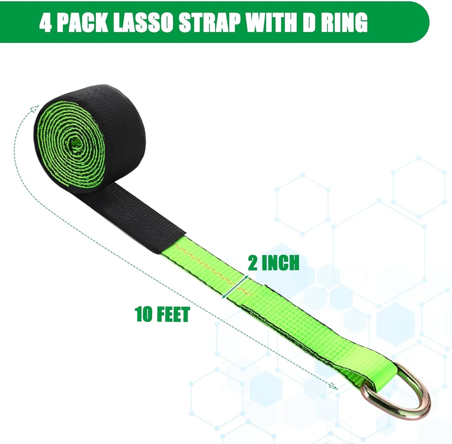 8Pack 2" X 10 ft Tow Truck Straps Lasso Wheel Lift Straps Lasso Tow Strap with D Ring 11, 000 Lbs Break Strength Auto Tie Down Auto Hauler for Trailer Truck Tie (Green)