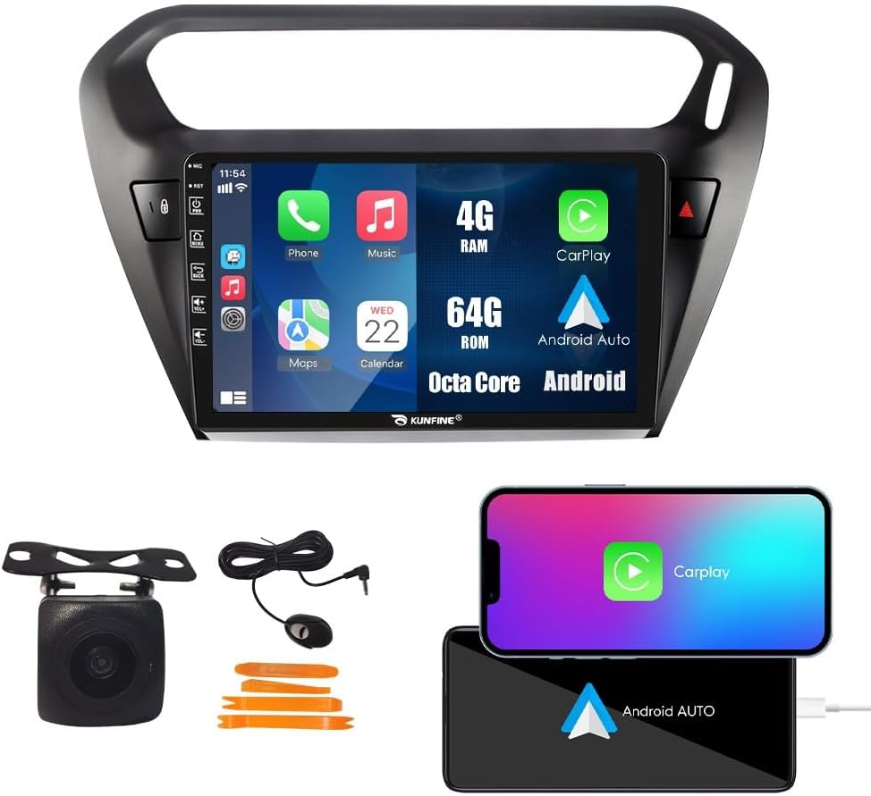 Kunfine Car CarPlay Android Auto Navigation Stereo GPS Radio Reverse Camera Display 9" IPS Touchscreen Headunit Tablet Pad Media Player For Peugeot 301 13-22 if Applicable Octa Core 4G+64G Matte Black