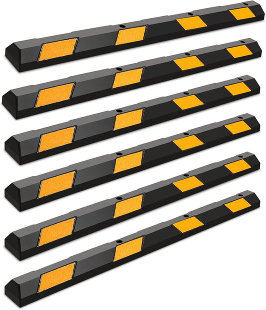 Rubber Parking Curb Garage Floor Stopper, 72" Heavy Duty Parking Lot Stopper with Yellow Reflective Stripes, Guide Wheel Stopper for Car, Truck, RV, Trailer, Driveway (6 Pack)