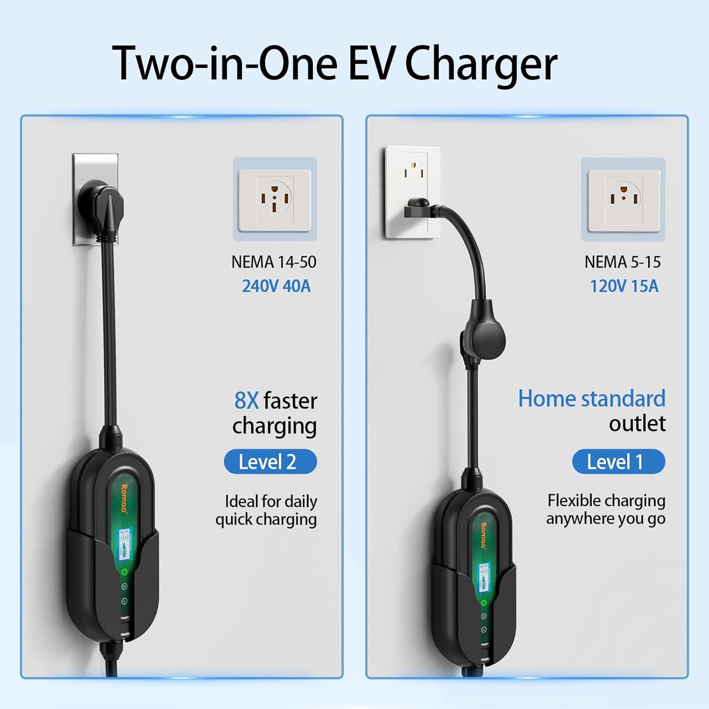 Romaa Level 2 EV Charger Portable Level 2 with 40A, 240V, NEMA 14-50, 25ft Cable, J1772 Charger, Adjustable Current, Delay Timer, EV Chargers for Home Level 2, App Control, FCC & ETL Certified