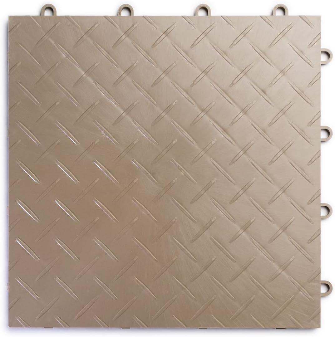 Big Floors RaceDeck Diamond Plate Design, Durable Interlocking Modular Garage Flooring Tile (Beige, 48 Pack of 12 x 12" Tiles)