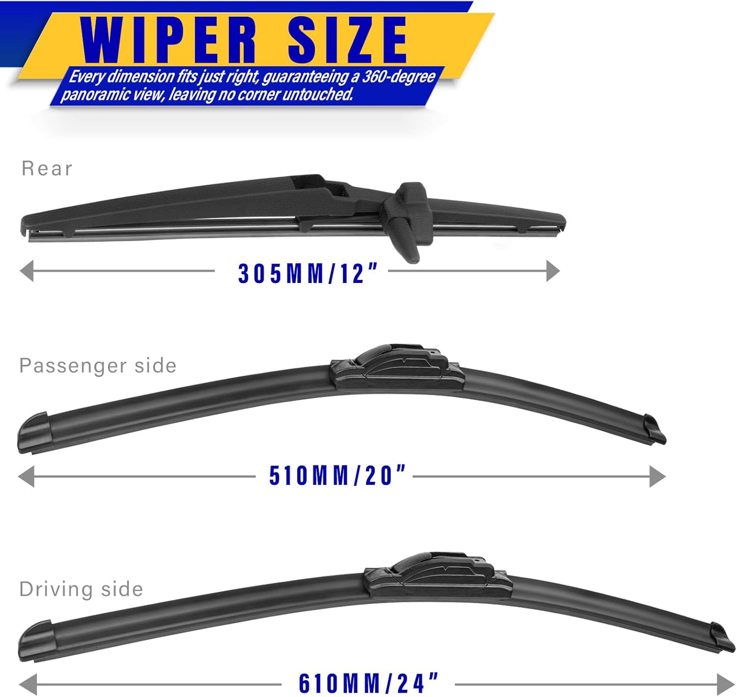 3 wipers Replacement for 2010-2022 Toyota 4Runner, Windshield Wiper Blades Original Equipment Replacement - 24"/20"/12" (Set of 3) U/J HOOK