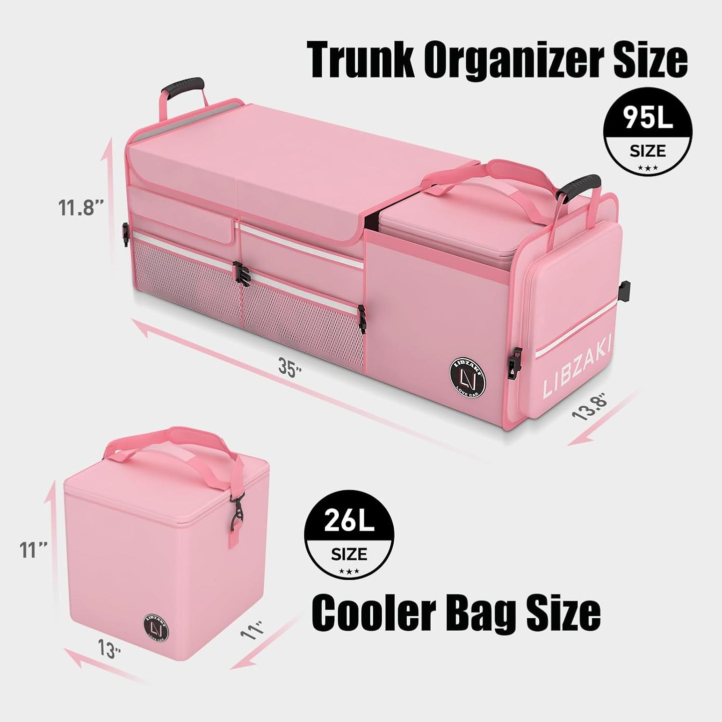LIBZAKI Oversize 4 in 1 Car Trunk Storage Organizer, Multi Compartment Collapsible Trunk Storage Box with Cooler Bag for Car Truck SUV-Pink