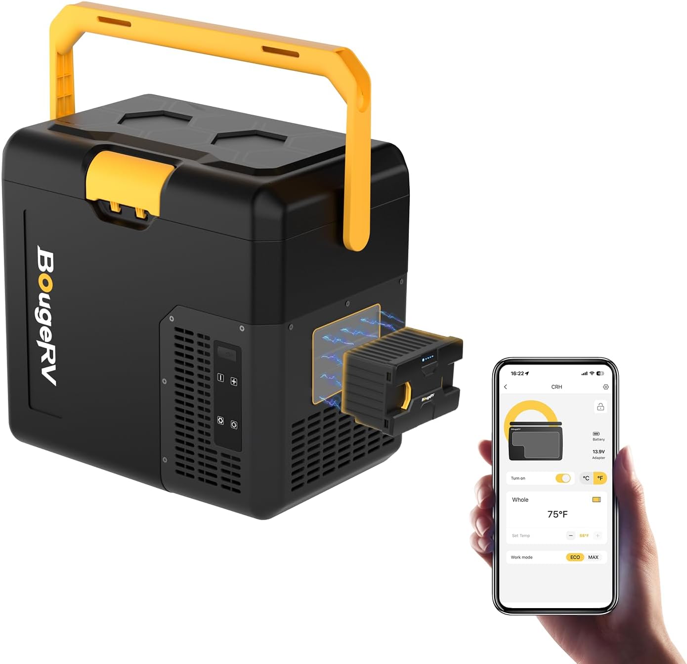 BougeRV CRH 12 Volt Refrigerator, 19QT Car Fridge with 173Wh Detachable Battery, 18L Portable Freezer, -4~68℉, 12/24V DC, 110~240V AC, Ideal for 2 People, Road Trips, Truck, Camping (Battery Included)