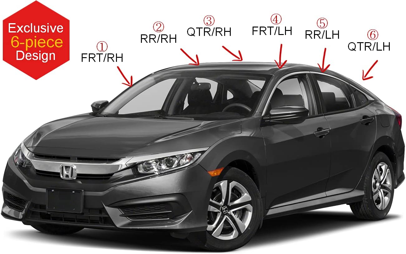 AUTOCLOVER Tape-On Rain Guards Window Visors 6 Pcs Set for Honda Civic Sedan 4dr 2016 2017 2018 2019 2020 2021 / Window Deflectors, Out-Channel Vent Shades (Smoked)
