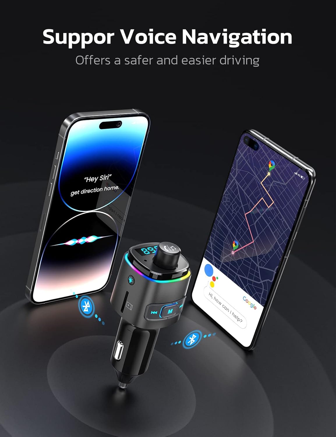Nulaxy Bluetooth FM Transmitter, QC3.0 Fast Charge Bluetooth Car Adapter, Wireless Radio Car Kit with 7 Color LED Backlit, USB Flash Drive, microSD Card, Glossy Black