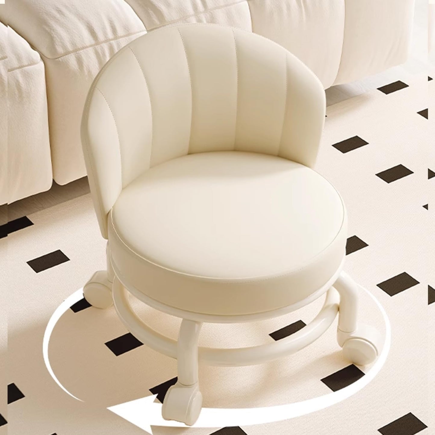 Low Rolling Stool with Backrest,Rolling Pedicure Seat,Low Stool with Wheels for Home, Office, Garage, Shop, Library (White)