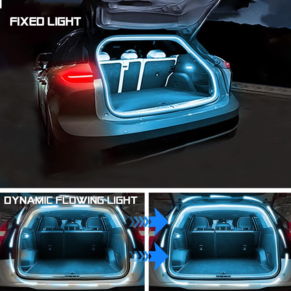 Upgrade Dynamic Flowing Car LED Trunk Light Strip, 158Inch Universal Flexible Cutting Silicone Waterproof Neon Lights Strip, 12V Interior Ambient Lighting for Cars SUVs(Ice Blue)