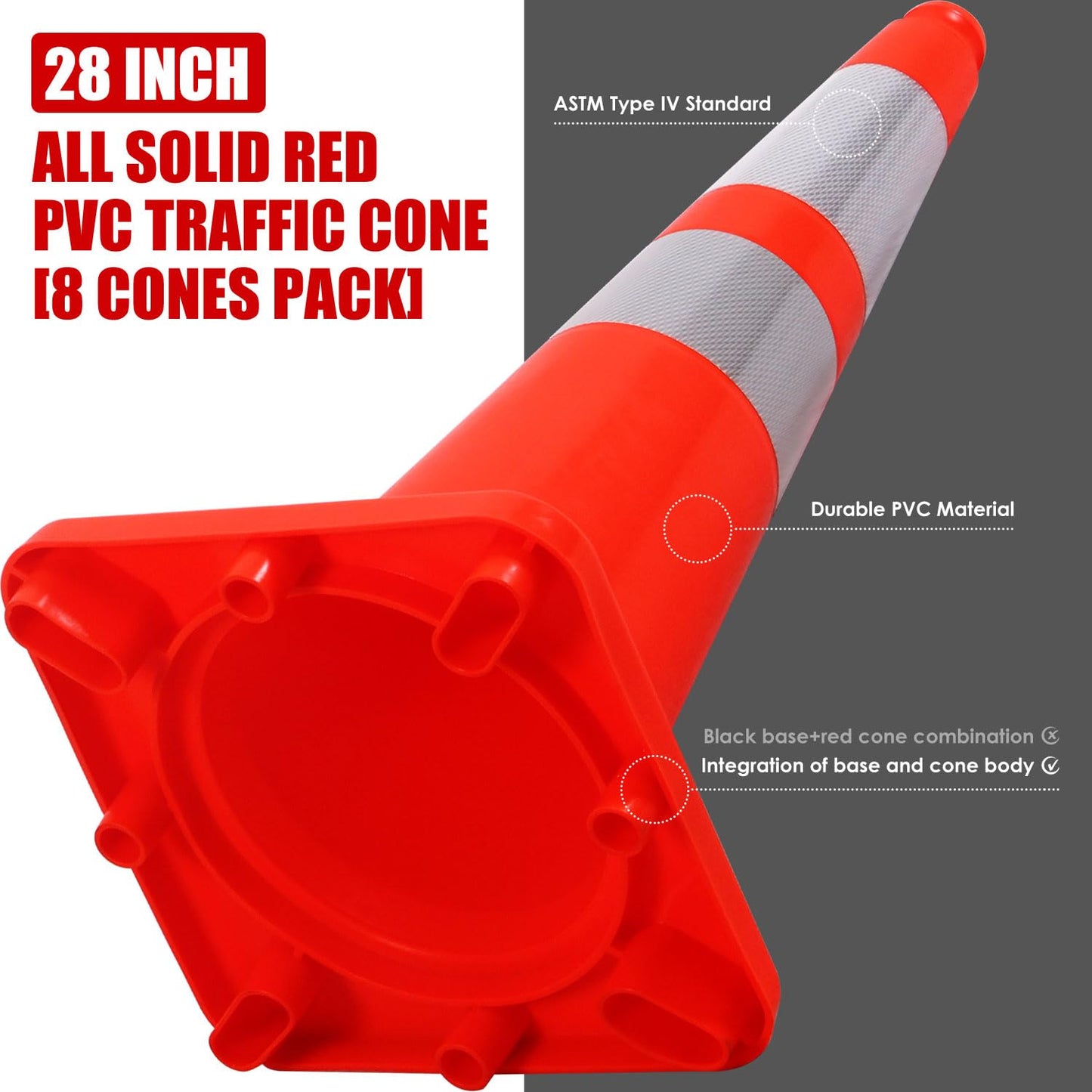 Overall Fluorescent Orange Red Integrated Traffic Cones, Road Cones for Garage Parking, Sport & Driving Training, Road Safety, Construction Events (28" Cones-8Pack)