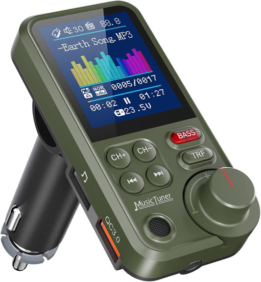 Nulaxy FM Bluetooth Transmitter for car, Strong Microphone Bluetooth Car Adapter with 1.8" Color Screen for Hands-Free Calls, Supports QC3.0 Charging, Treble and Bass Sound Music Player- KM30 Green