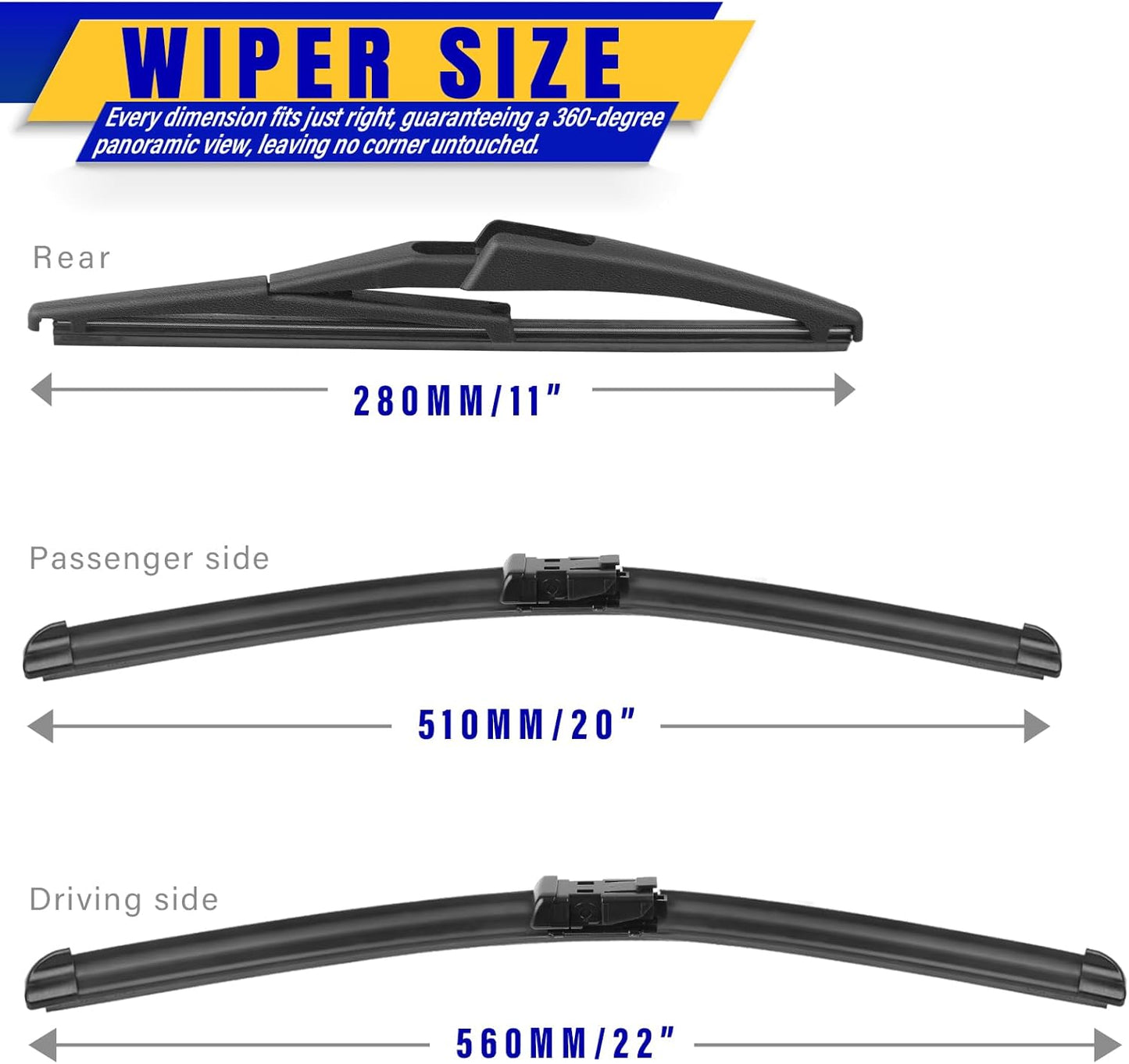 3 wipers Replacement for 2015-2020 2021 2022 2023 jeep renegade, Windshield Wiper Blades Original Equipment Replacement - 22"/20"/11" (Set of 3) Top Lock