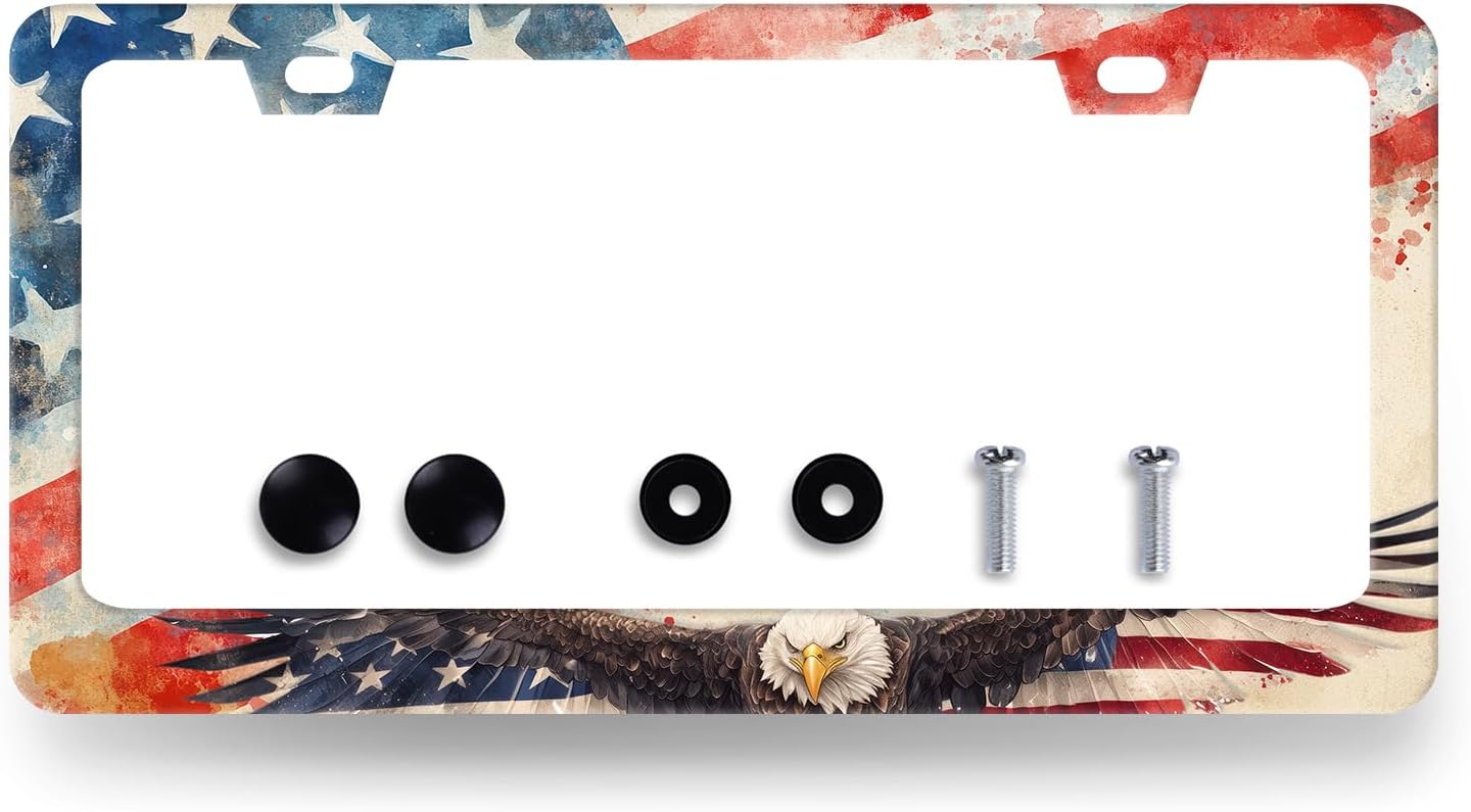 Eagle American Flag License Plate Frame Patriotic Eagle License Plate Holder Stainless Steel Funny Design with 2 Holes and Screws 12.3" x 6.3"