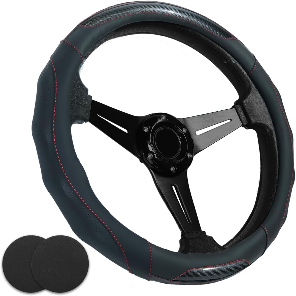 Car Steering Wheel Cover with Cup Coasters, Universal 15 inch Leather Carbon Fiber Steering Wheel Covers Comfort Grip Breathable Anti-Slip Steering Wheel Accessories for SUV Truck Van Auto - Black