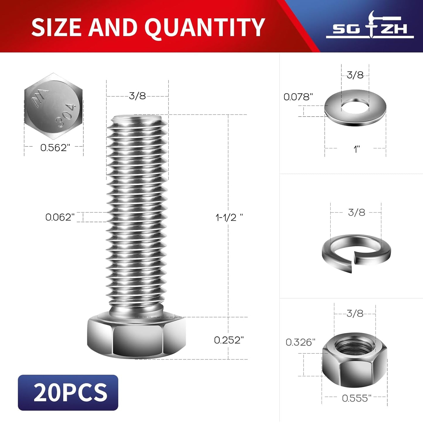 3/8-16 x 1-1/2" Hex Head Screw Bolt, Nuts, Flat & Lock Washers, 20Pcs 18-8 (304) Stainless Steel, Fully Threaded, by SG TZH
