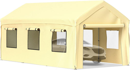 VEVOR Carport 10x20 ft Heavy Duty Canopy, Portable Garage Shelter with 8 Legs, Removable Sidewalls & Windows, Adjustable Peak Height 8.3-10 ft, Ideal for Cars, Boats, and Parties, Yellow