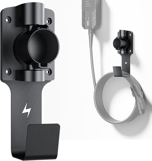 EV Charger Holder, with 180° Rotation Nozzle Dock, Metal J-Hook for SAE J1772 Charger Holder Organizer Wall-Mount Connector Electric Vehicle Charging Cable Car Accessories