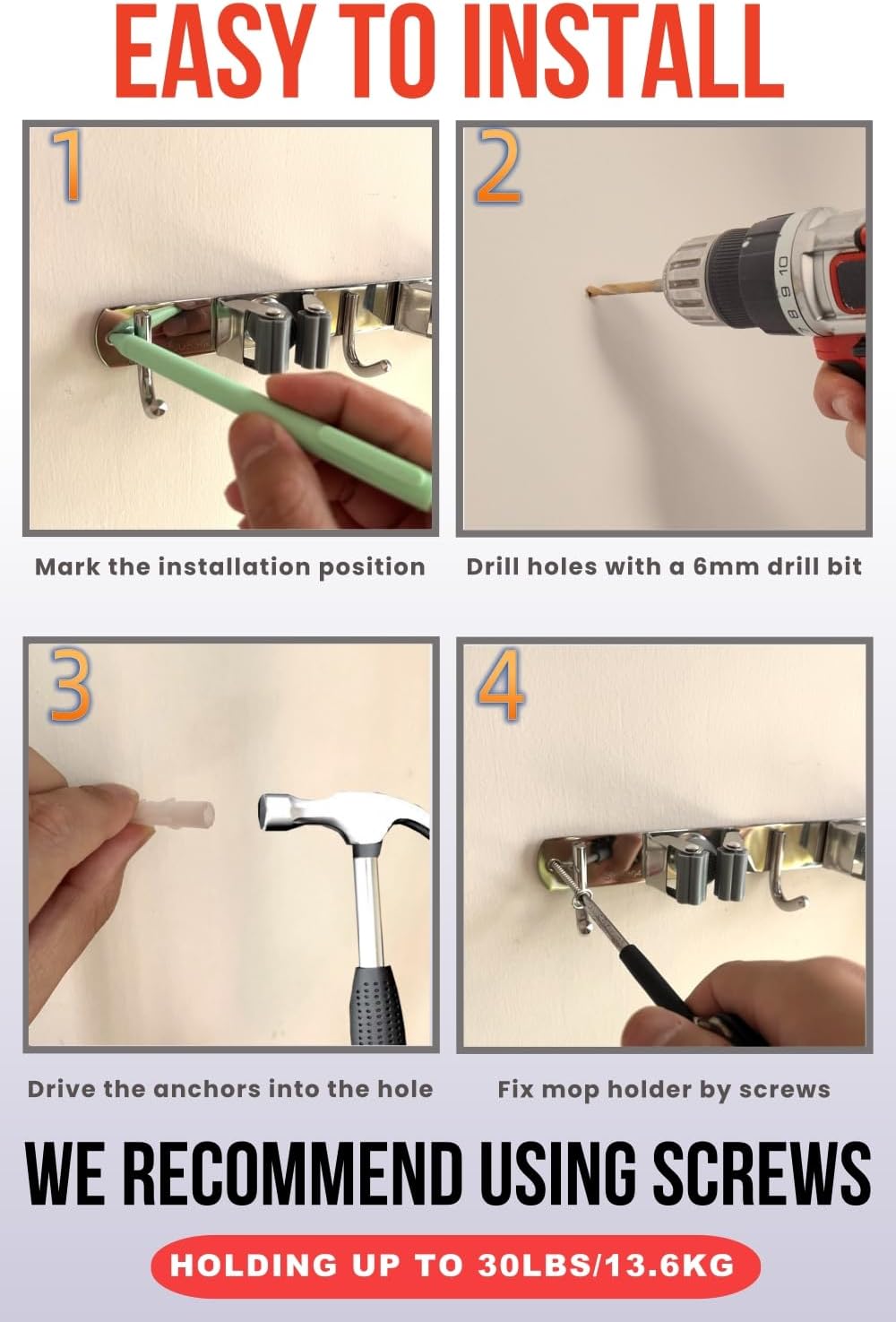 2 Pack Mop and Broom Holder Wall Mount, Upgraded Broom Hanger Wall Mount, Stainless Steel Broom Organizer for Closet Garage Laundry Room Kitchen Wall Decor Black 3R4H