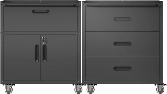 Metal Tool Cabinet,Garage Storage Cabinet System,Wall Cabinet & Locking Rolling Tool Cabinet with Doors and Adjustable Shelves,Steel Tool Cabinets for Home,Office (2 Pcs-StyleE, Black)