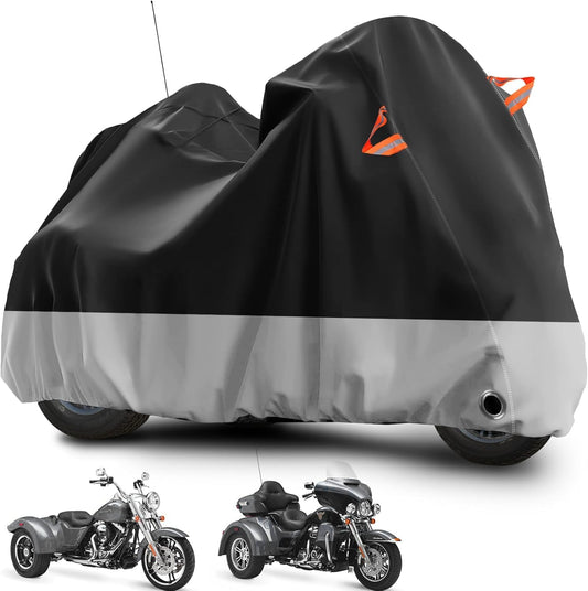 Trike Motorcycle Cover, Outdoor Waterproof Vehicle Cover with Windproof Buckle Reflective Strip for Harley Davidson, Honda Gold Wing, Kawasaki 3 Wheel Motorcycle Accessories (Black&Grey)