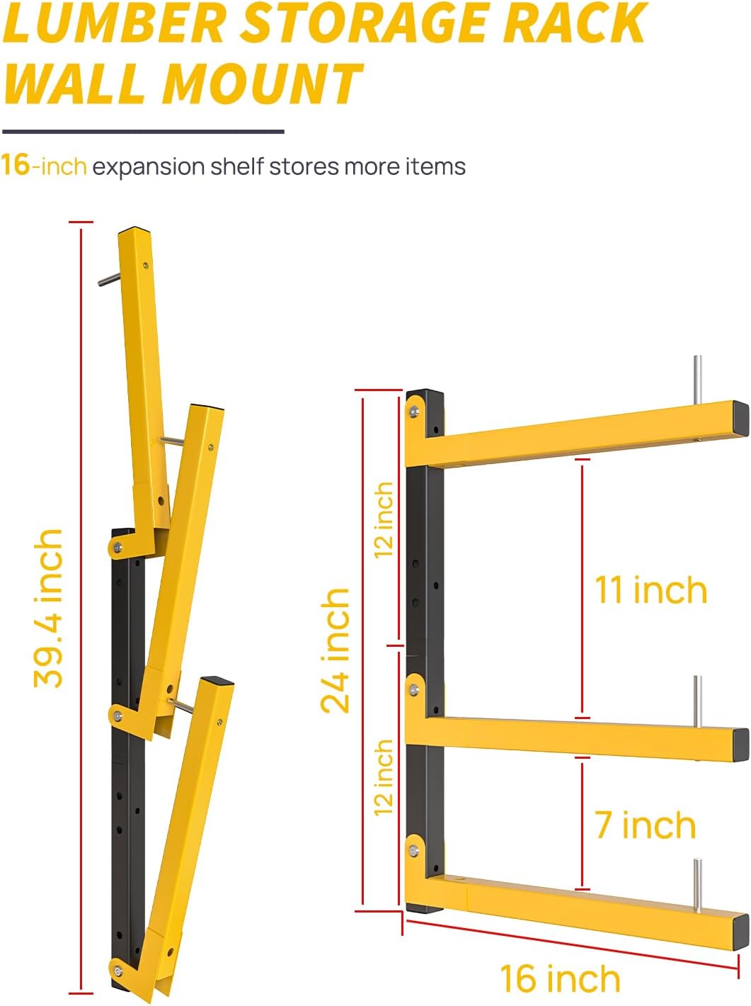Lumber Rack Wall Mount Storage Racks Folding Wood Organizer Heavy Duty Shelf Brackets With 9-Level 1080 Lbs Capacity Yellow Metal Utility Racks Garage Wall Shelving for Indoor and Outdoor Use (6 Pack)