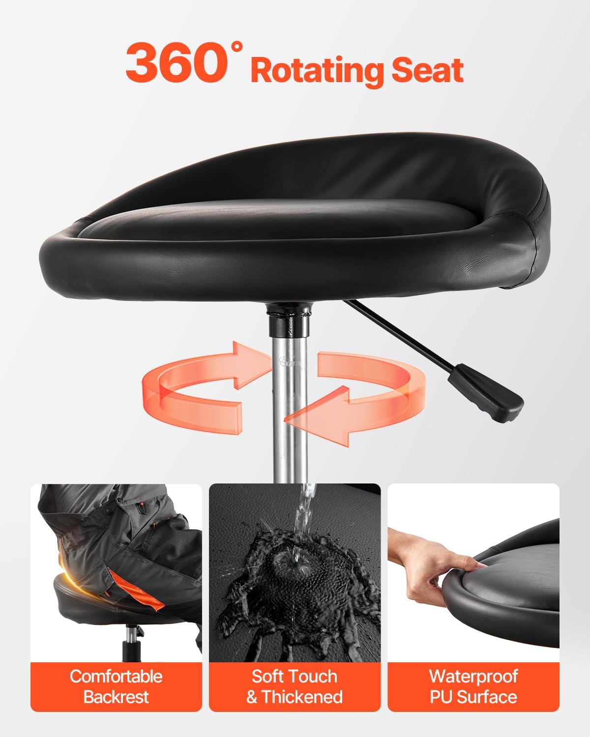 VEVOR Garage Stool, Rolling Mechanic Stool with Dual Storage Trays, Pneumatic Height 23.6–29.5 in, Soft Waterproof Cushion, 360° Swivel Casters for Garage, Shop & Auto Repair