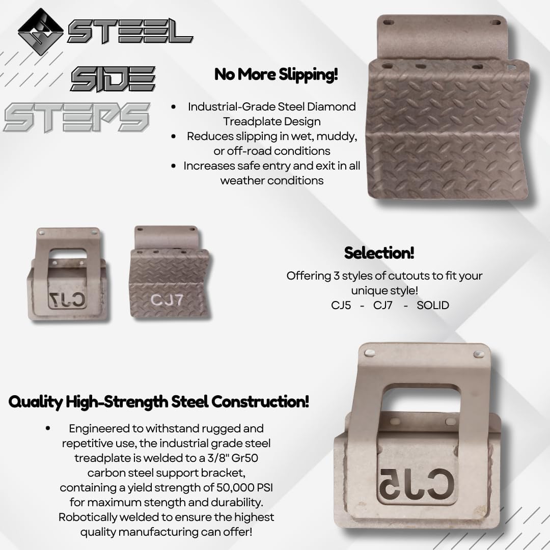 CJ5 Side Steps Compatible with Jeep © CJ Vehicles (Pair) - Solid Steel Construction - Metal Diamond Treadplate Traction Design - Universal Fitment on Classic CJ-5 (Solid)