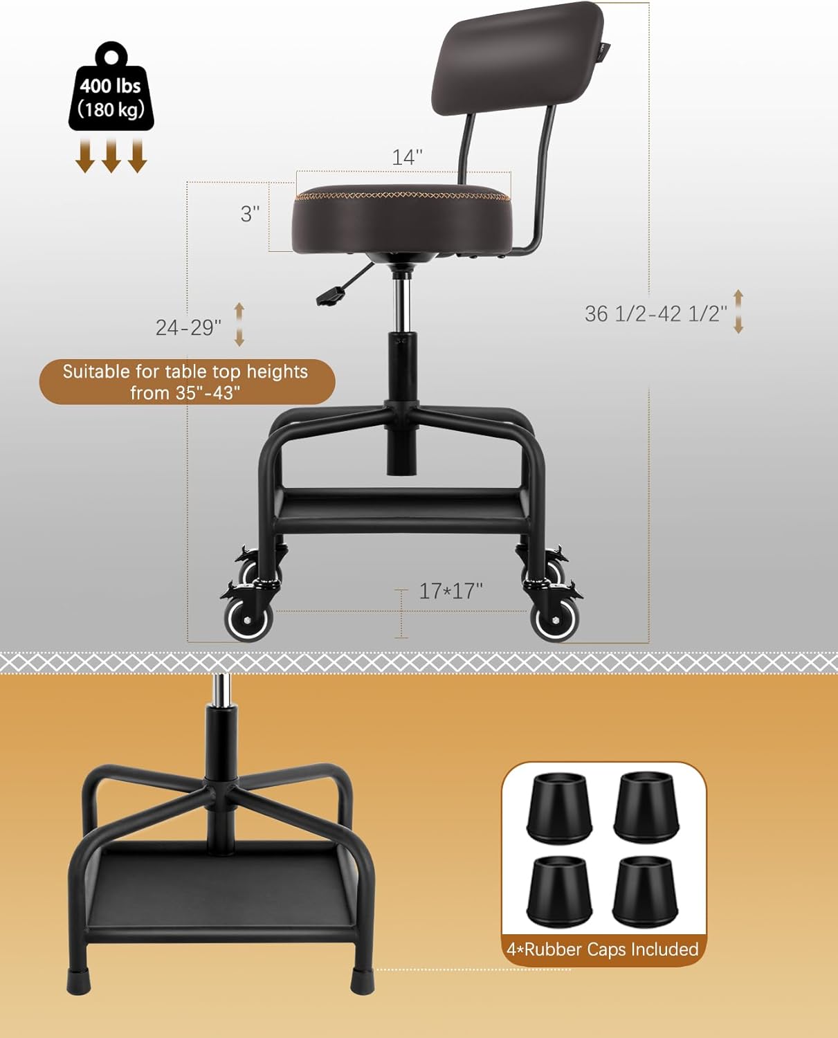 Shop Stool with Lockable Rubber Wheels Adjustable Backrest Tool Tray Storage 400 lb Capacity Rolling Garage Stool (Coffee)