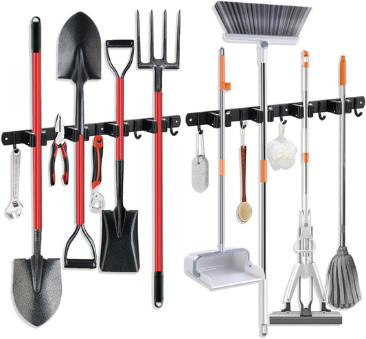 2 Pack Broom Hanger and Mop Holder, Heavy Duty Garden Tool Organizer Rack Rake and Shovel Handle, Stainless Steel Wall Mounted Utility Rack with Screws (4 Racks with 5 Hooks, Matte Black).