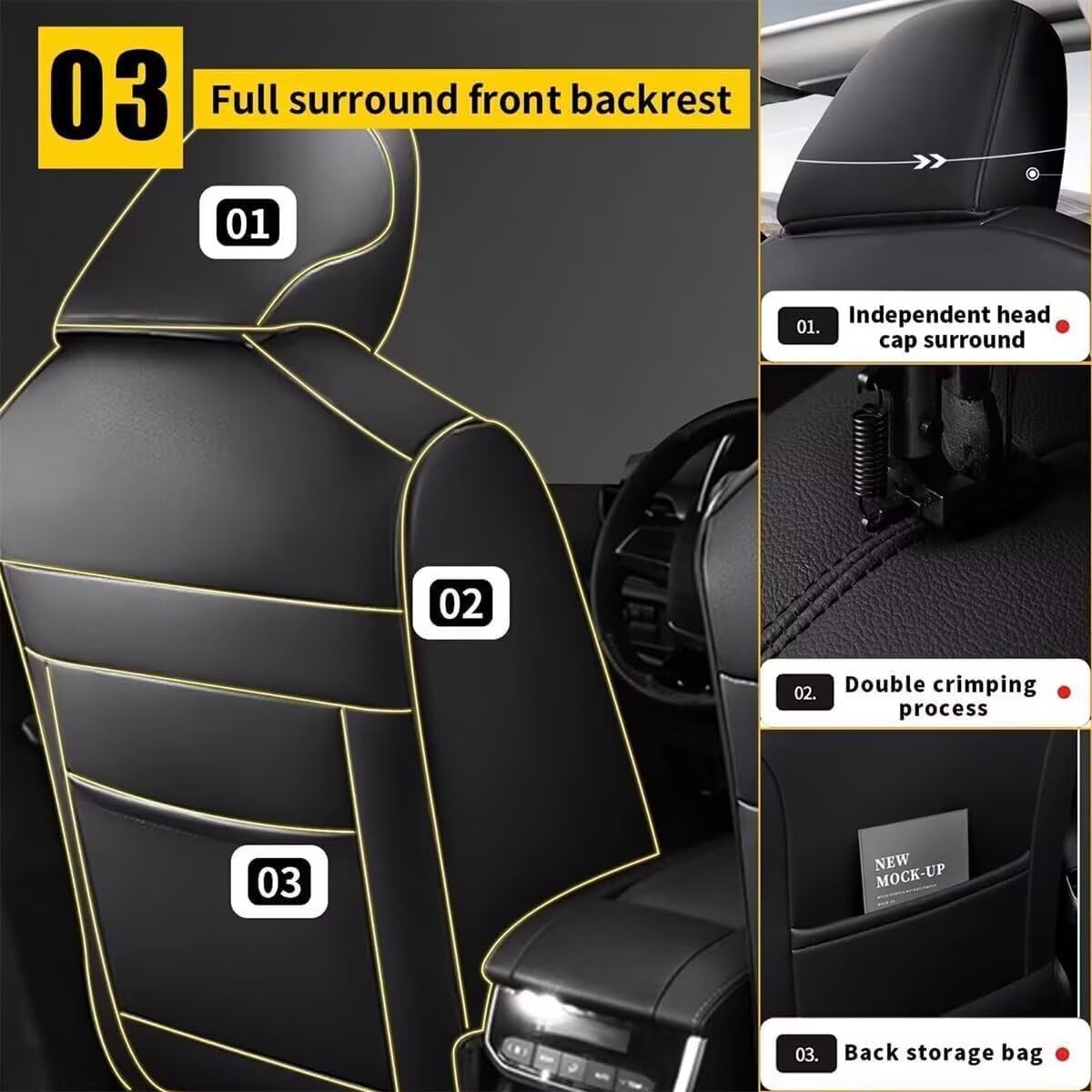 YORKNEIC Leather Car Seat Covers Fit for Hyundai Kona 2018-2025: 5 Seats Full Set Seat Covers - Waterproof Auto Seat Protector Compatible Airbag (Black)