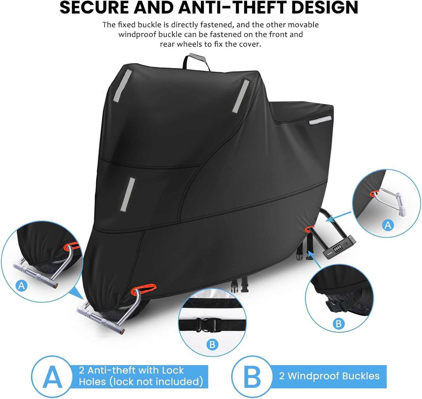 Waterproof Motorcycle Cover Outdoor, Motorbike Scooter Moped Rain Dust Cover with 5 Reflective Strips and 2 Windproof Buckles, 2 Lock-Holes for Cruisers Sportbikes (4XL: 116 x 37 x 55 inch)