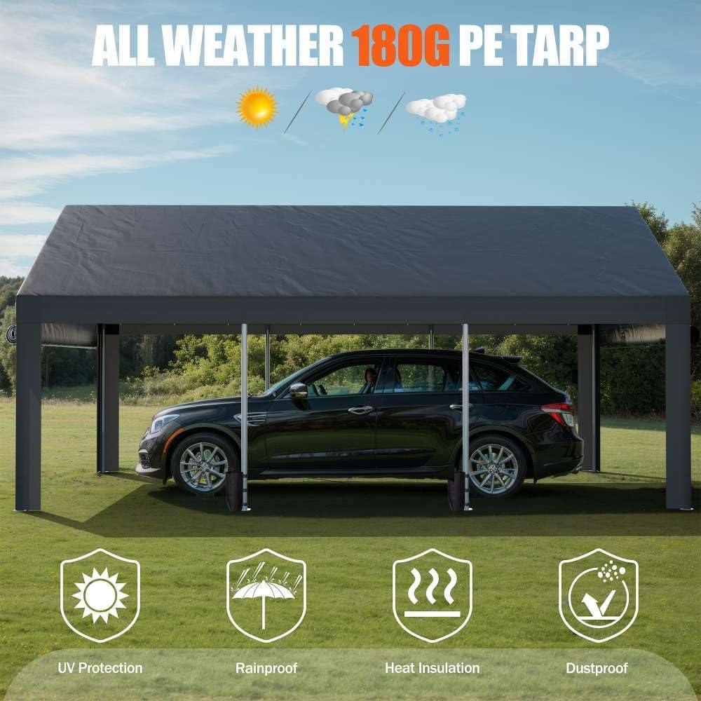 JAMFLY Carport, 10x20 ft Heavy Duty Carport with Roll-up Windows, Portable Garage with Removable Sidewalls & Doors, Car Canopy with Sandbags and All-Season Tarp for Car Boat Truck Motorcycle, Grey