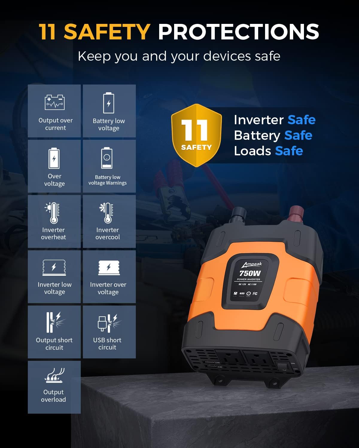 Ampeak 750W Power Inverter 4.8A Dual USB Ports 2 AC Outlets Car Inverter DC 12V to AC 110V 11 Protections for Appliances