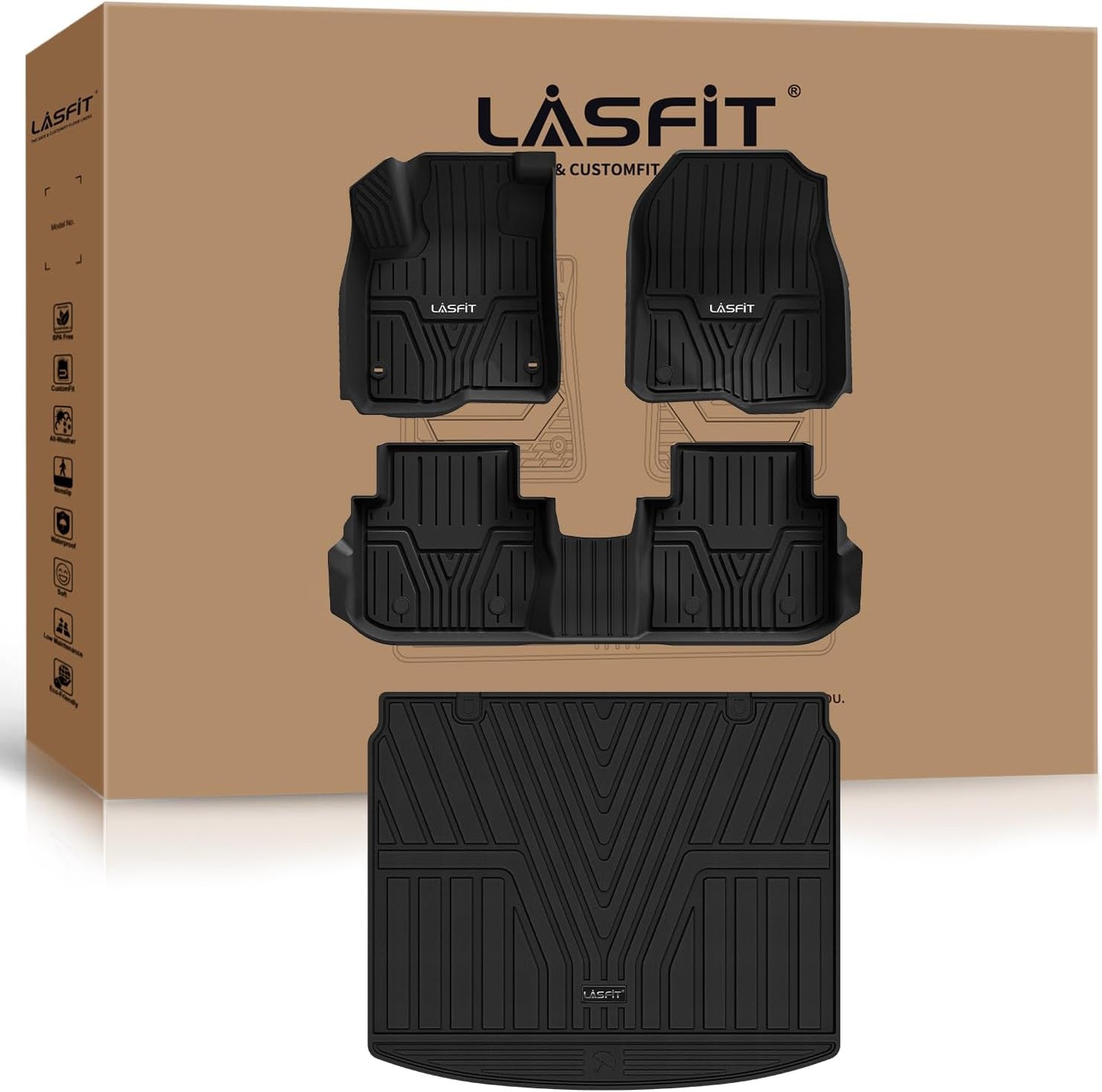 LASFIT Floor Mats and Cargo Liner for Honda CR-V 2023 2024 2025 2026 (Include Hybrid Models), All Weather TPE Car Trunk Mat (Upper Position), 1st & 2nd Row & Trunk Liner Full Set Black