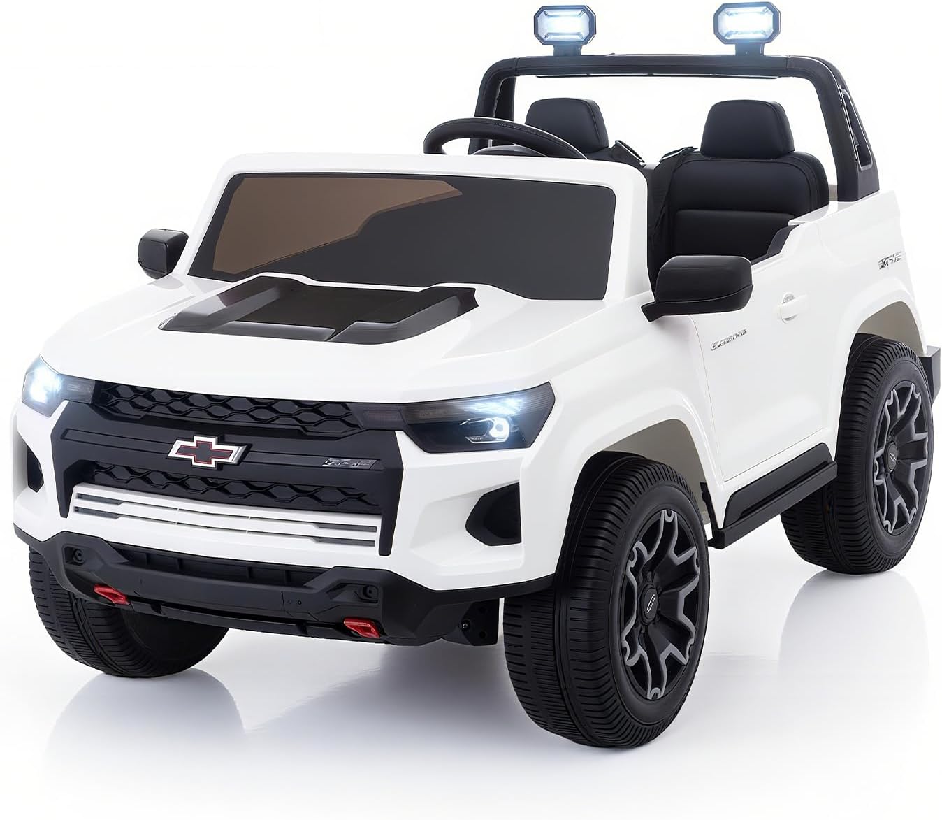 Joywhale 24V Ride on Truck 4WD Kids Electric Vehicle Licensed Chevorlet Ride on car with 7AH Big Battery, 320W Powerful Motors. 2 Seats, Music, 4 Wheel Suspension, 2 Speeds, LED Lights, White