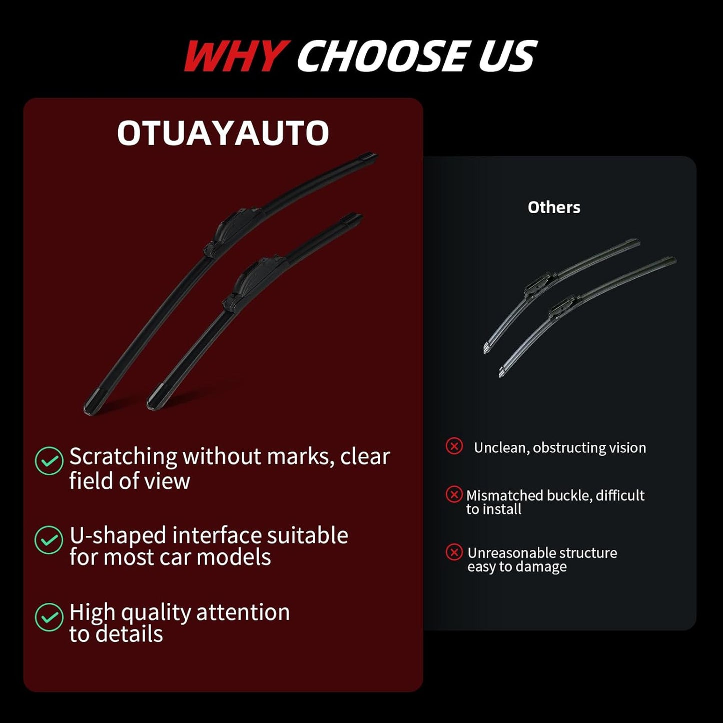 OTUAYAUTO Premium Windshield Wiper Blades - Replacement for Honda CRV CR-V 07-11, Nissan Leaf 18-20, Acura RDX 07-18, All-Weather, Front and Rear Wiper Blades, J/U Hook - 26"+16"+14" (Pack of 3)